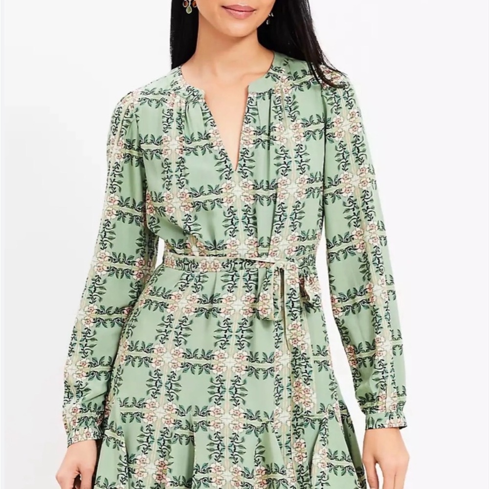 LOFT Sage Green Floral Tie-Waist Long Sleeve Dress
